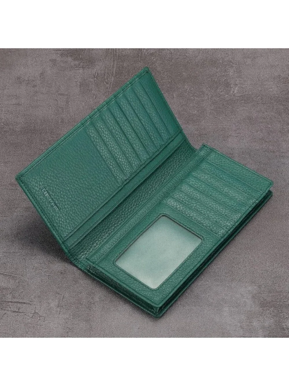 Men's Full Grain Leather Long Wallet - 15 Card Slots, Pebbled Green Design